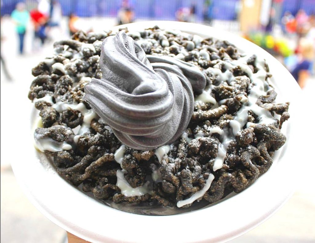 the black velvet funnel cake and charcoal soft serve at Bacon Nation at the CNE Food Building